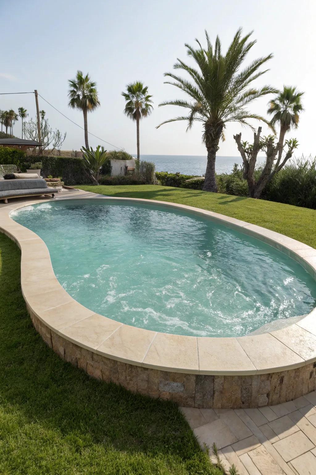 A semi-inground pool with a distinguishing oval form that excels.