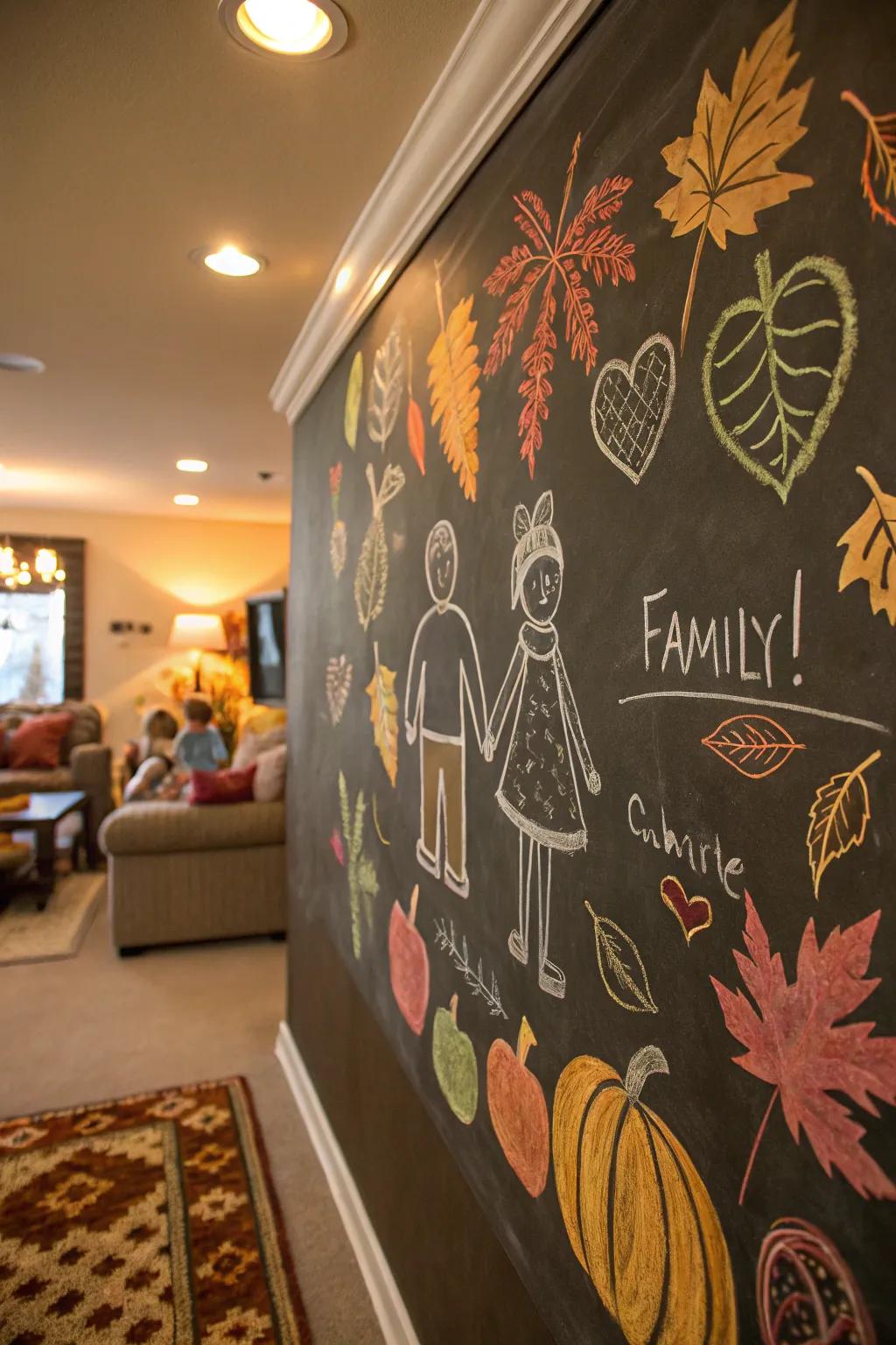 A wall transformed into a chalkboard art gallery with fall-themed drawings by family members.