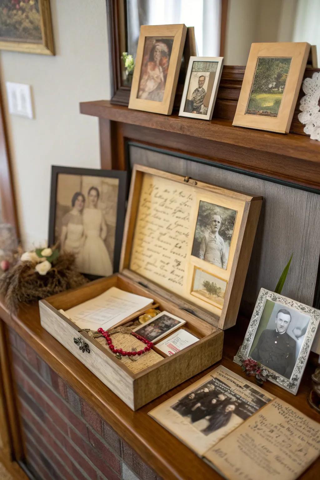 A family heritage shadow box telling an ancestry story.
