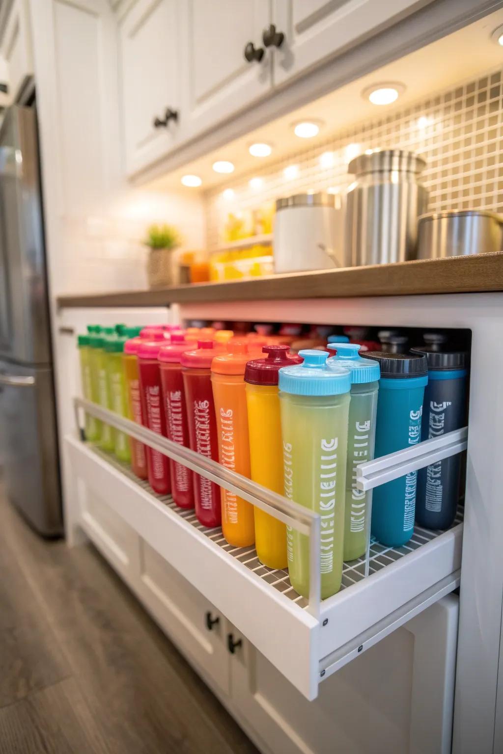 A dedicated small storage unit for blending bottles in the kitchen.