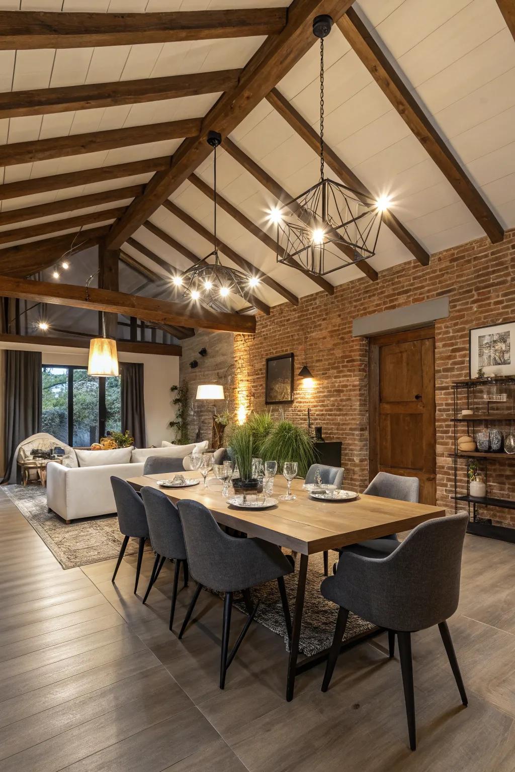 A balanced fusion of modern and rustic within the dining area's shed ceiling.