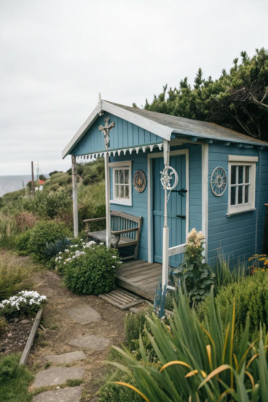 Tranquil blue sheds inspire calm coastal sensations.