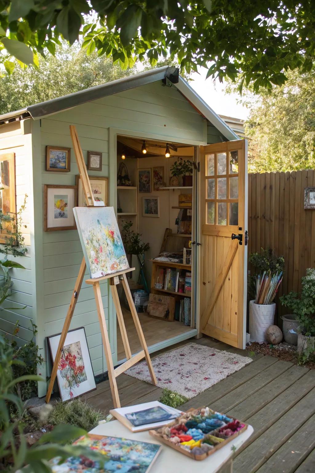 A garden shed transformed into a creative artistic workshop.