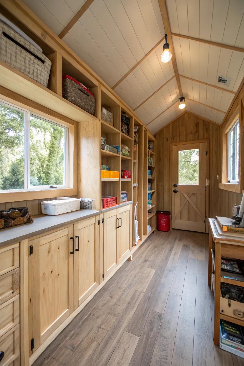 Smart storage keeps shed houses organized and free from clutter.