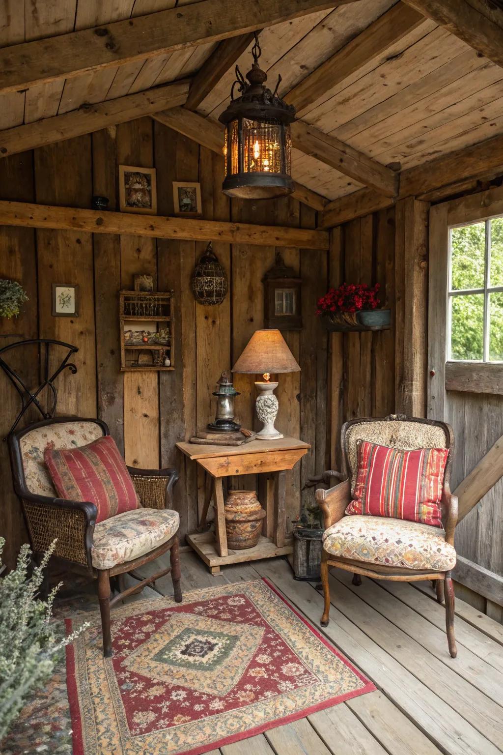 A shed transformed into a vintage retreat filled with rustic charm.