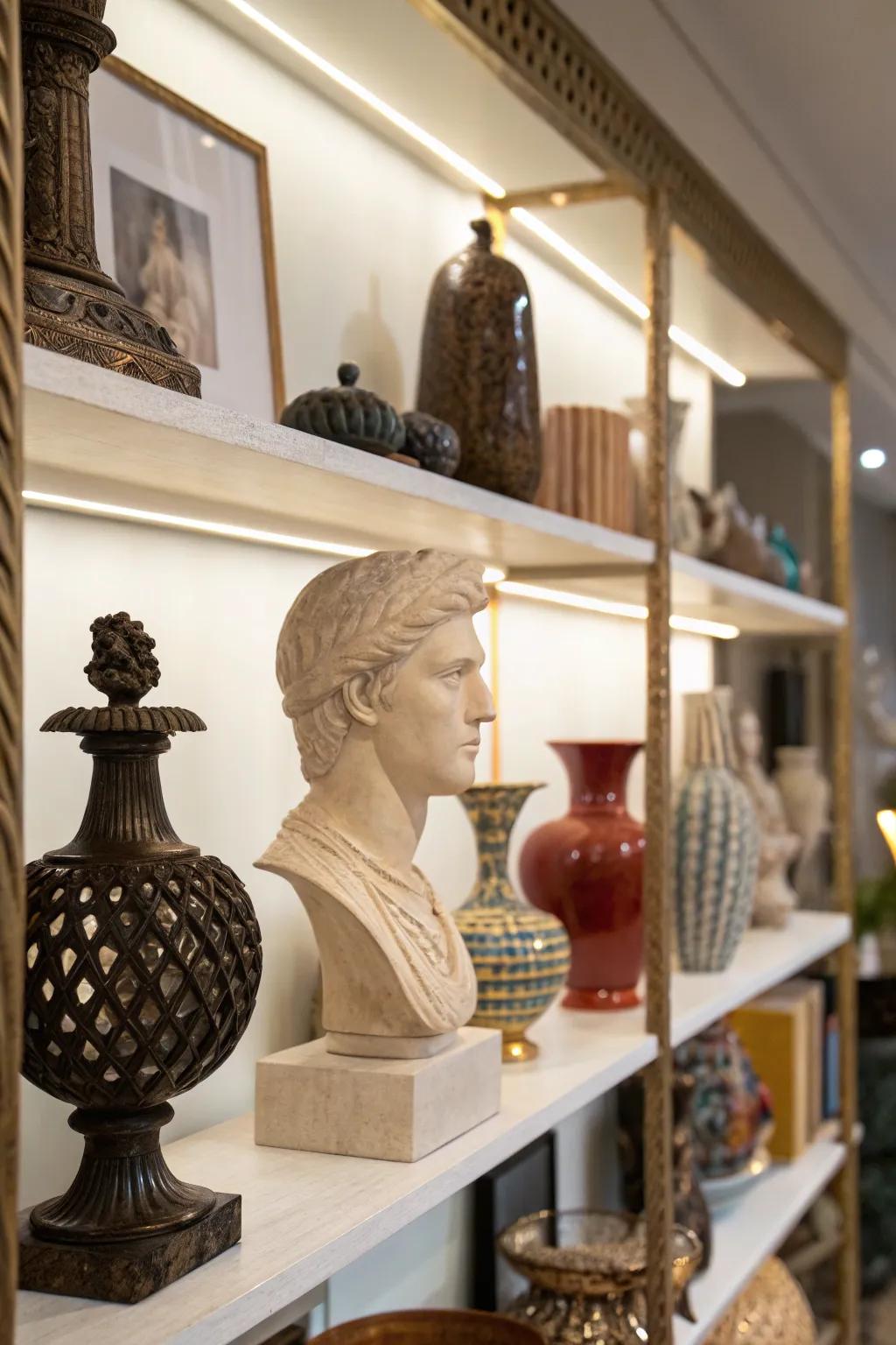 Decorative objects lend intrigue and personality to the shelf.
