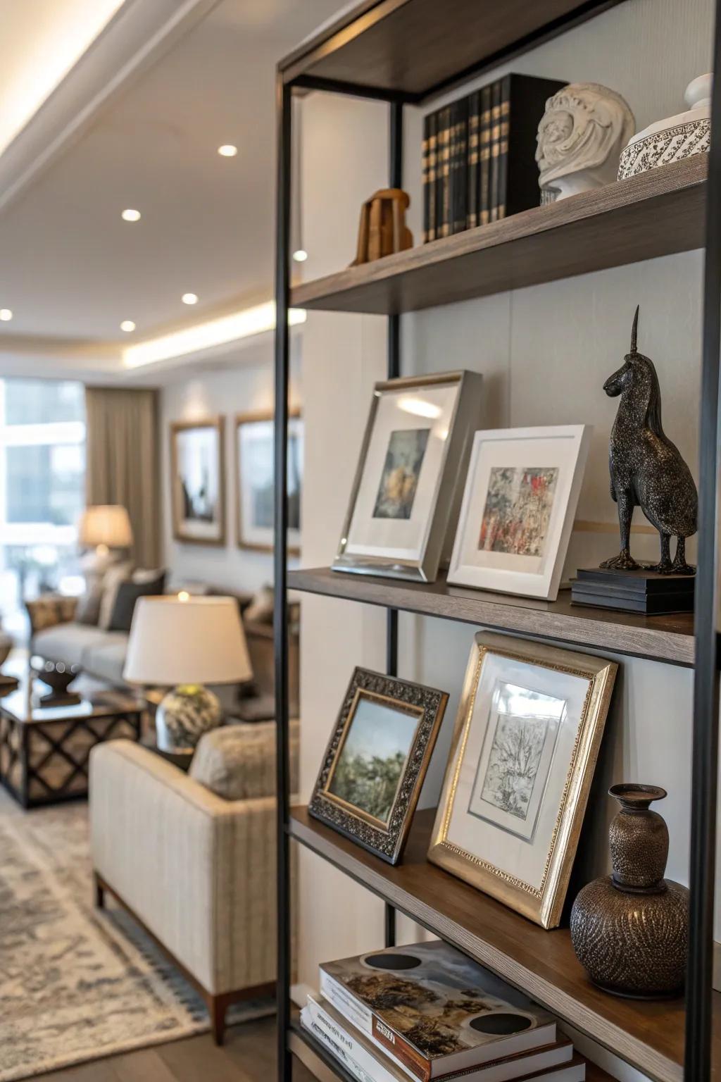 Artistic creations morph a shelf into a private gallery area.