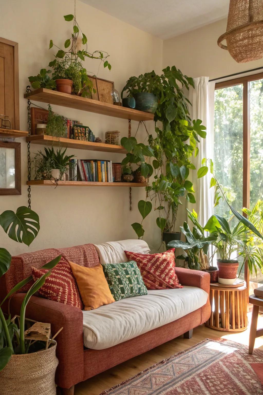 Add a natural touch with greenery on your shelves.