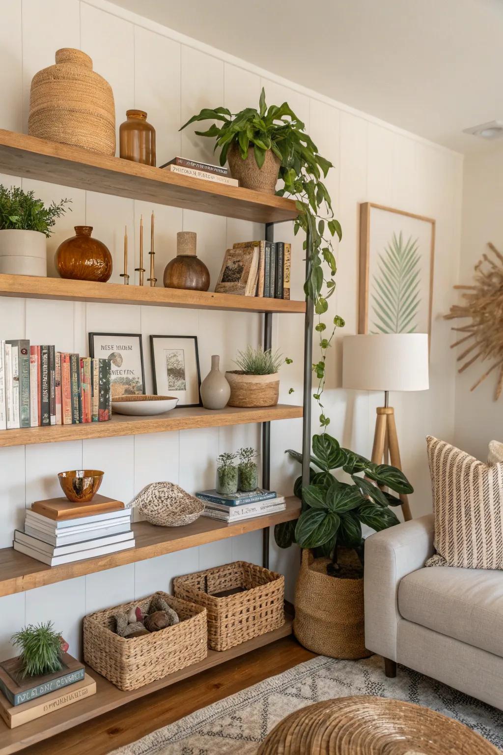 Layered decor adds visual depth and a curated feel to shelves.