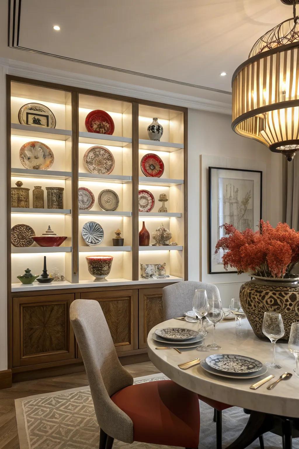 Creating an impressive centerpiece inside the dining space through statement shelves.