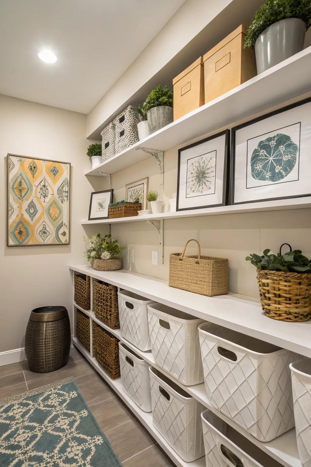 A utility room enhanced with artwork and stylish containers, blending function with aesthetics.