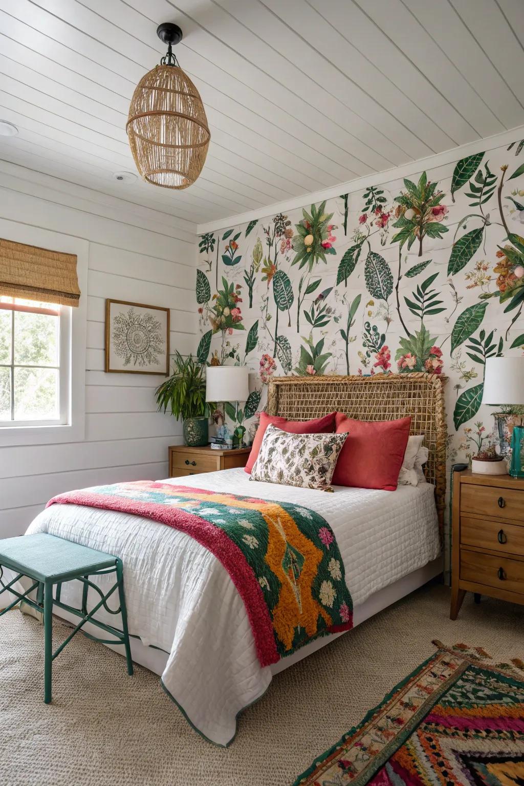 Blend shiplap and wall coverings for a unique and refreshing bedroom design.