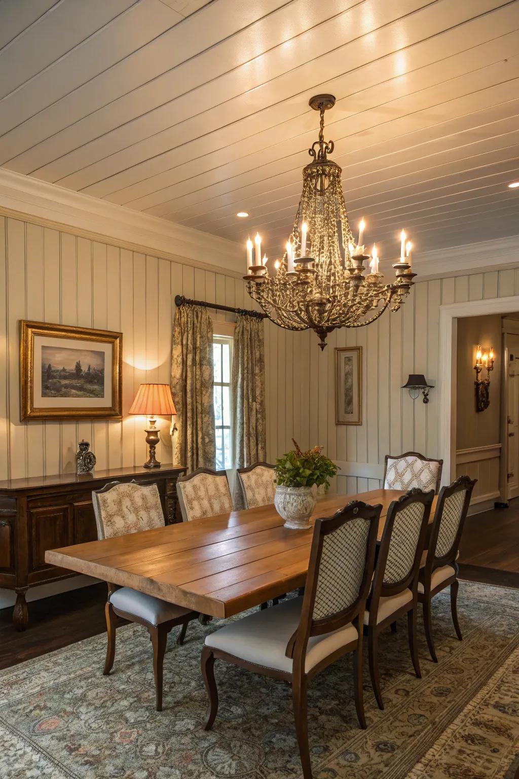 A dining room decorated with vintage elements and shiplap walls.