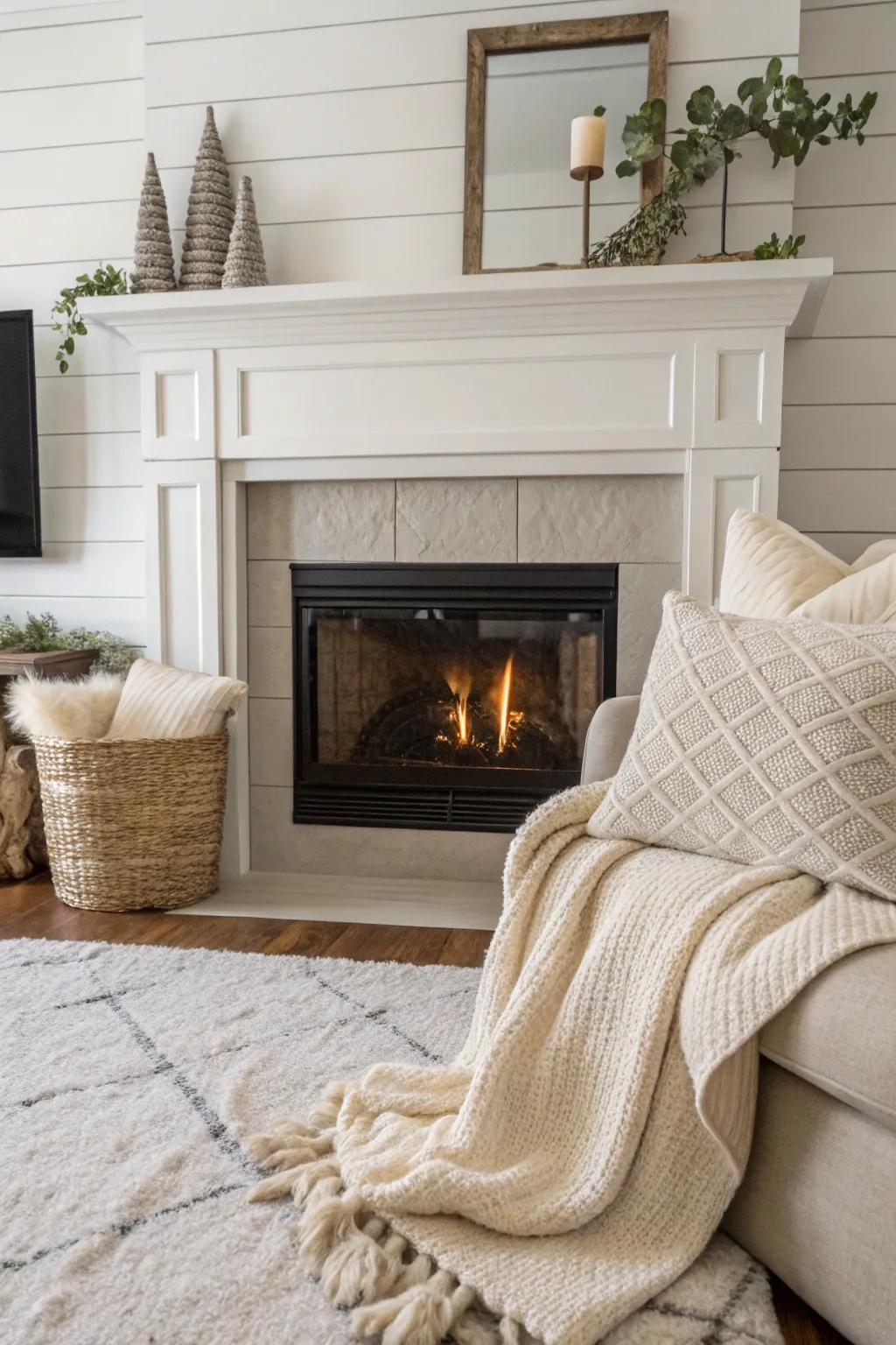Neutral shiplap fireplace producing a bright and expansive atmosphere.
