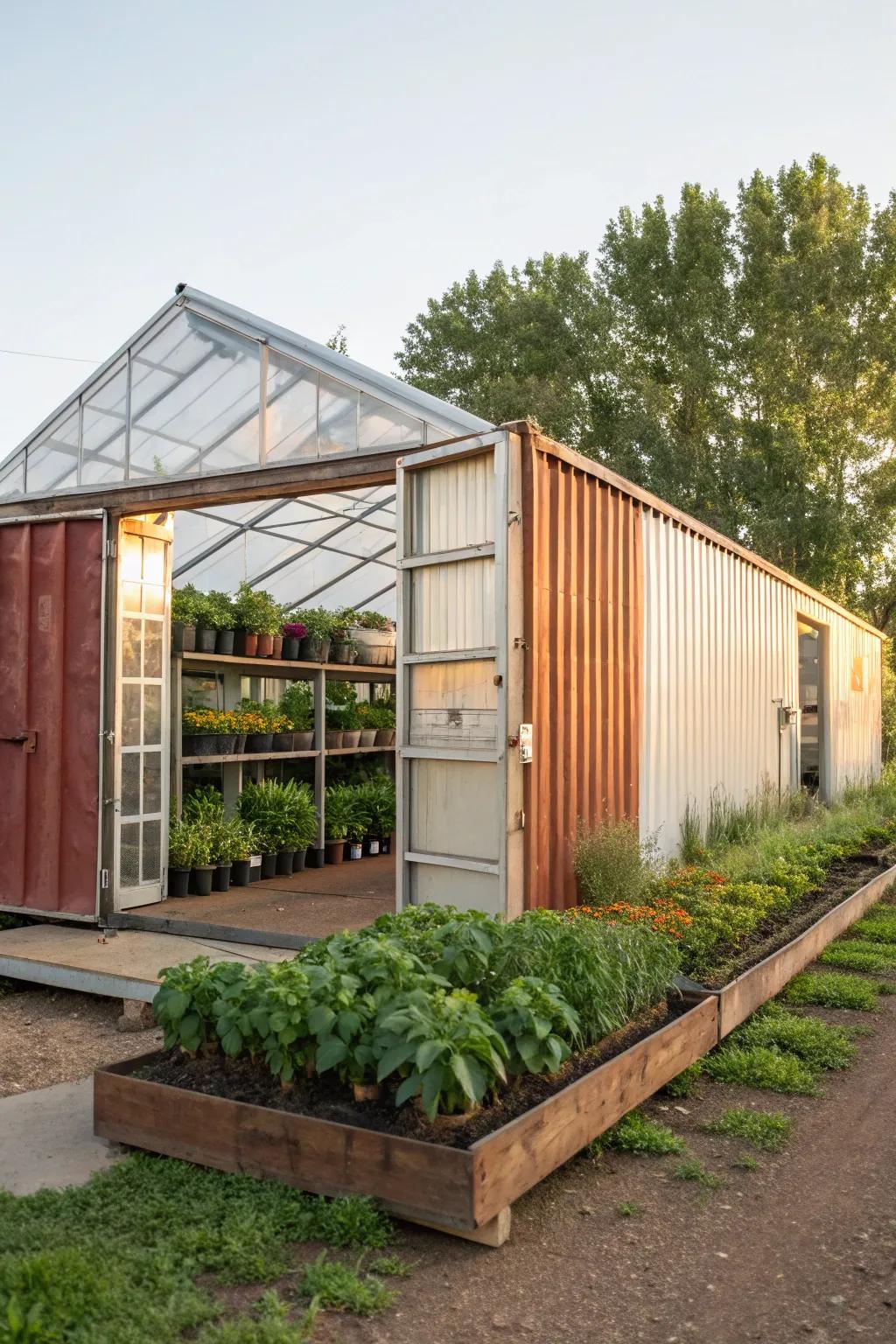 A shipping container barn seamlessly integrated with a lush greenhouse.