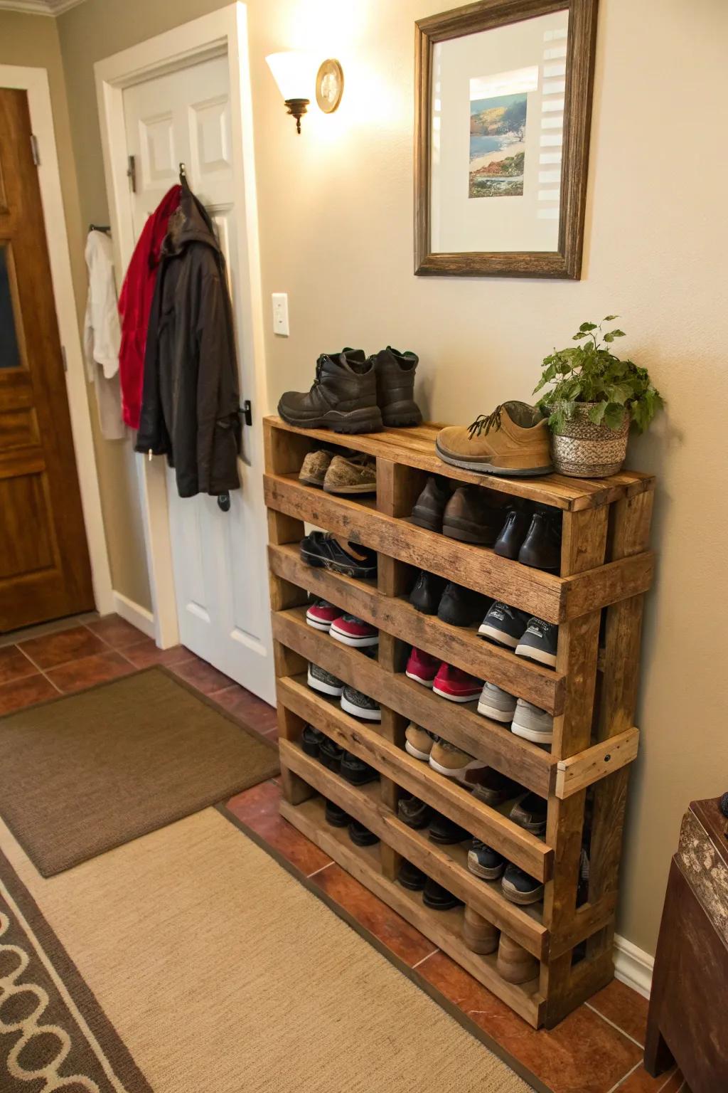 Welcome the allure of rustic style with a DIY pallet shoe rack.