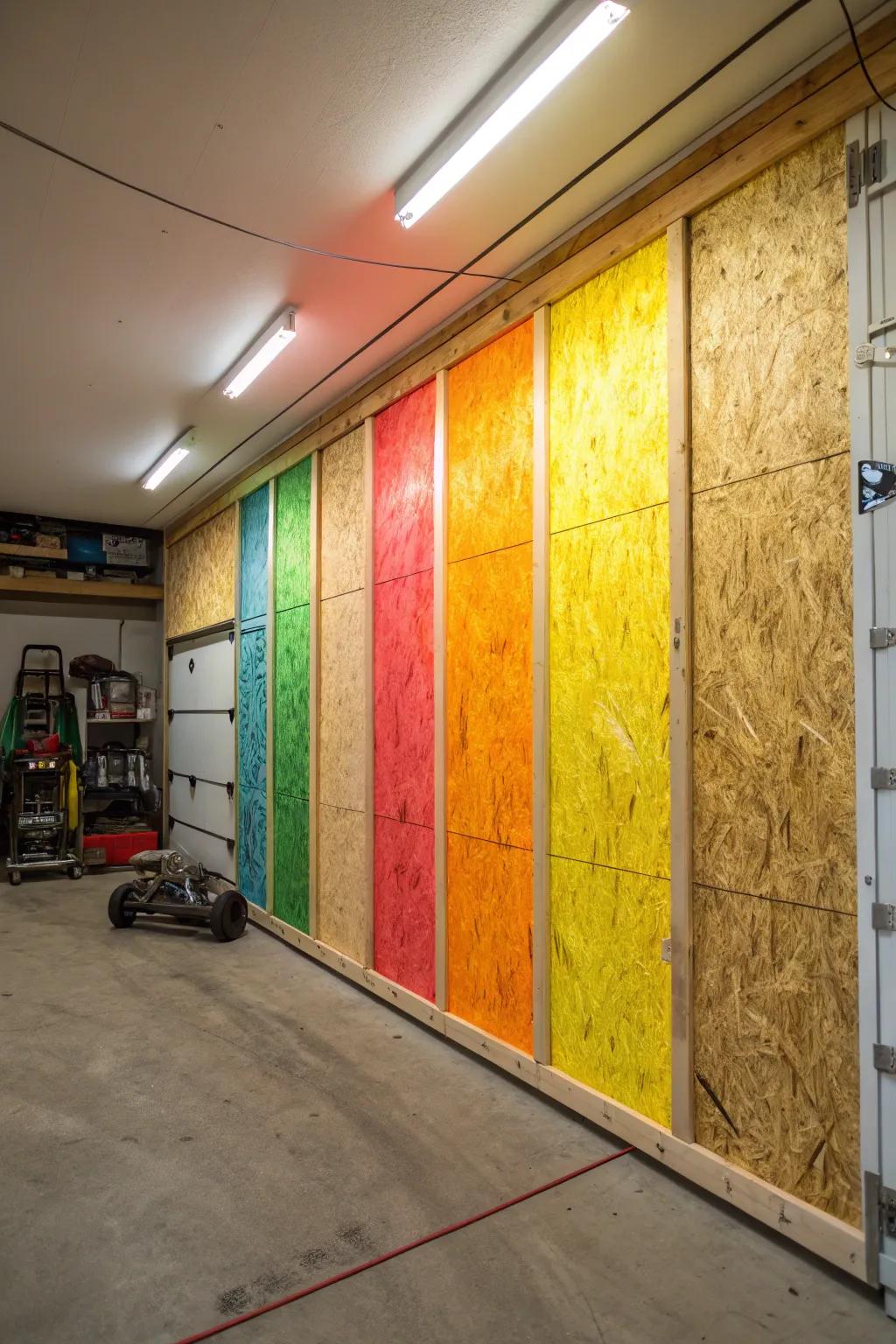 A garage wall covered with white-painted OSB panels.