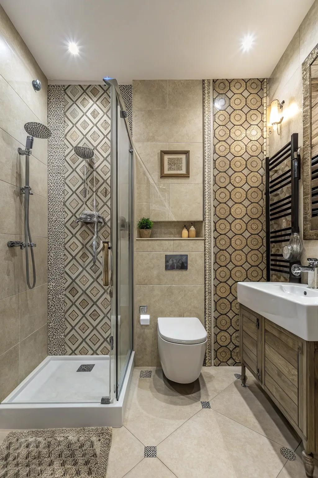 Tile details introduce character and dimension to your bathroom layout.