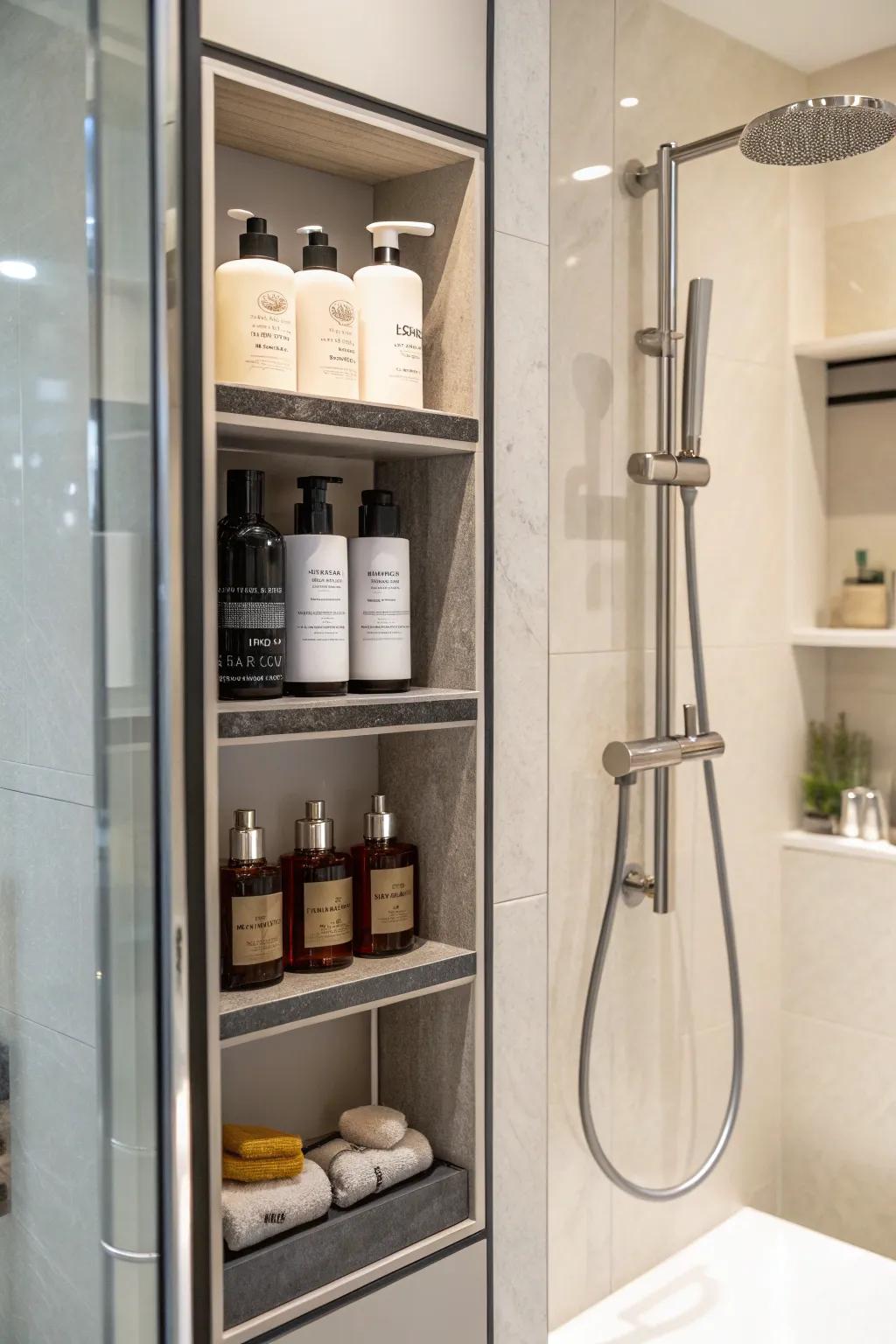 A shower stall featuring integrated shelving for user-friendly storage.