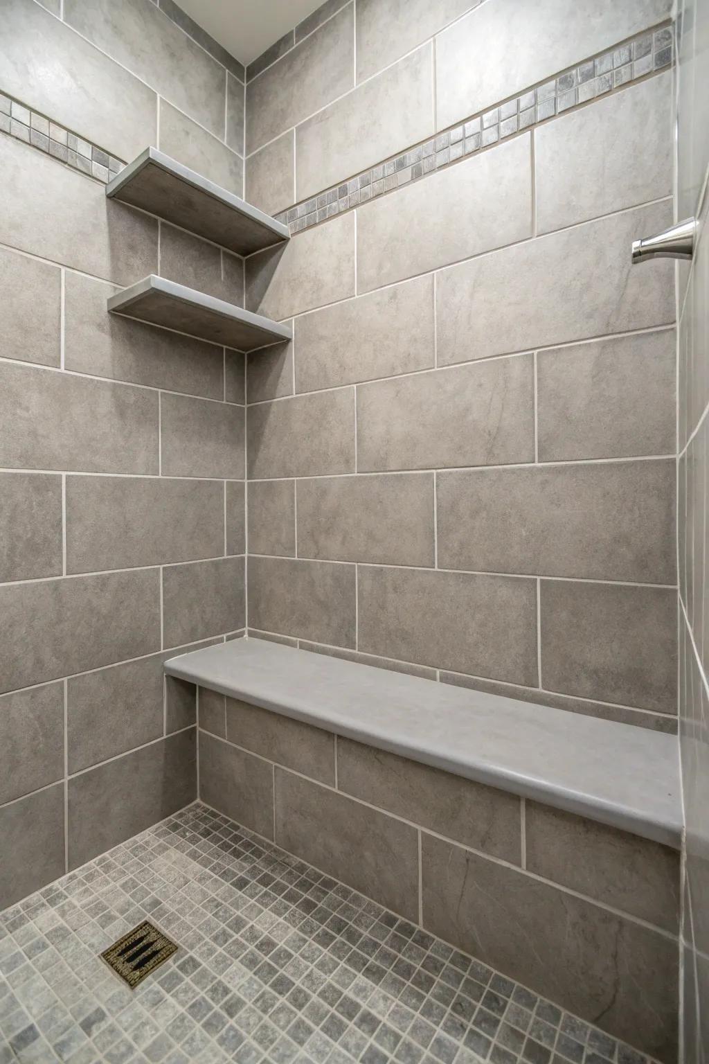 Function meets design with integrated features in a grey-tiled shower.