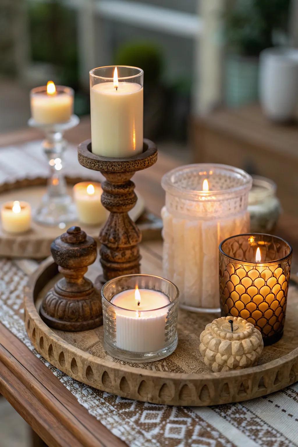 A cozy side table arrangement featuring an array of candles.