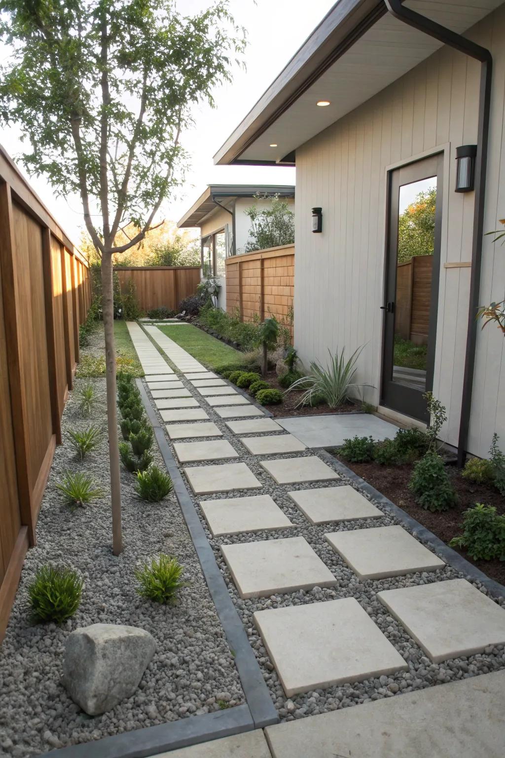 Gravel and stones create a stylish and easy-care walkway.