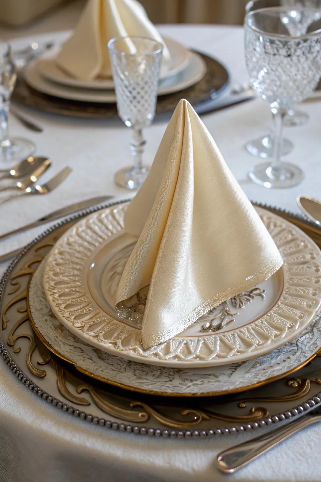 A silken cloth arranged into a stately pyramid, great as a center for any stylish table.