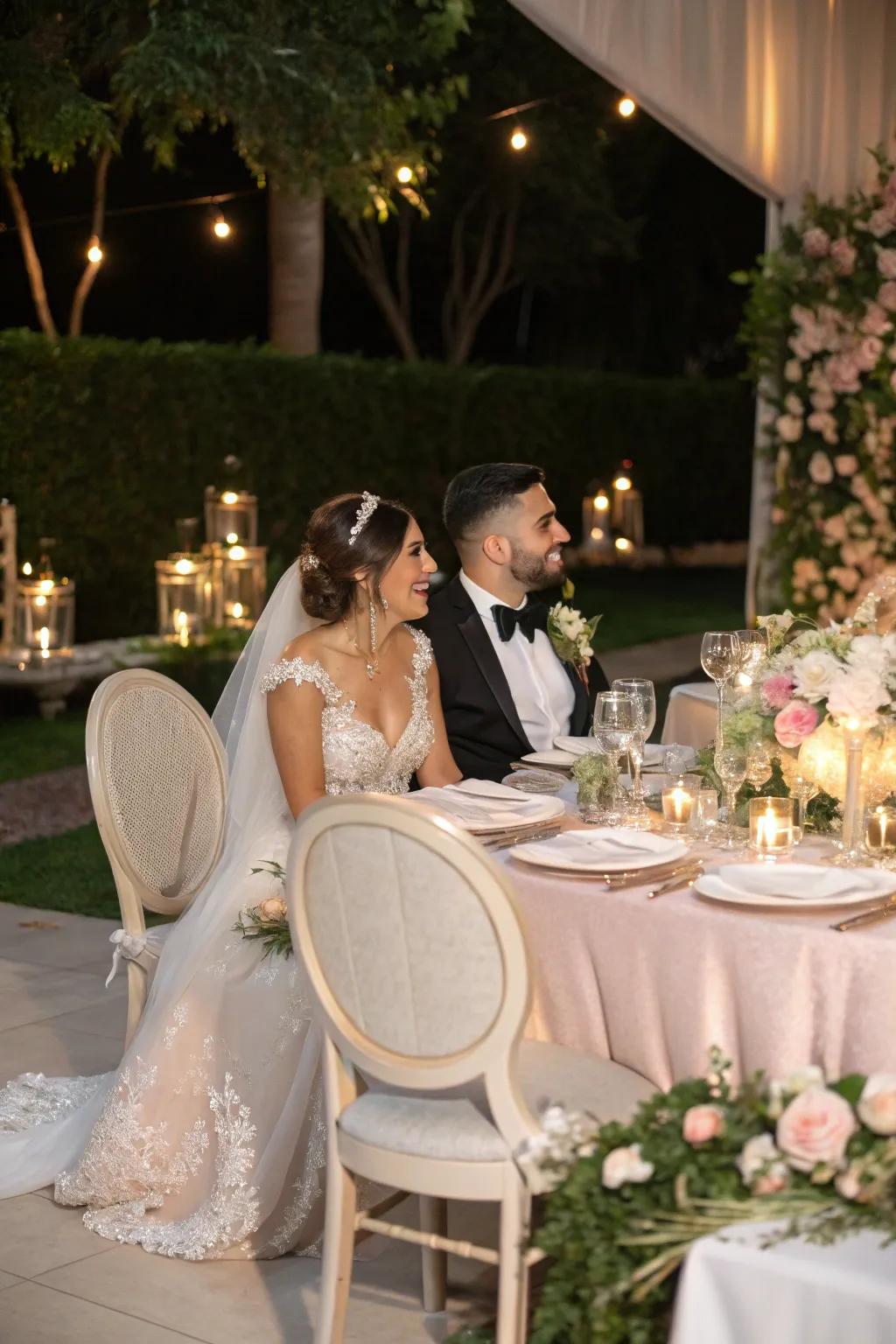 A bride and groom table featuring elegant, stylish chairs.