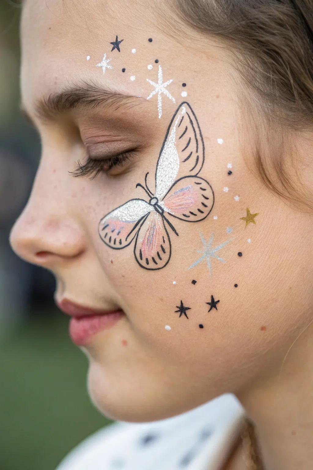 Embrace the magic of simplicity with a starry-eyed butterfly face paint, where minimalism meets enchantment.