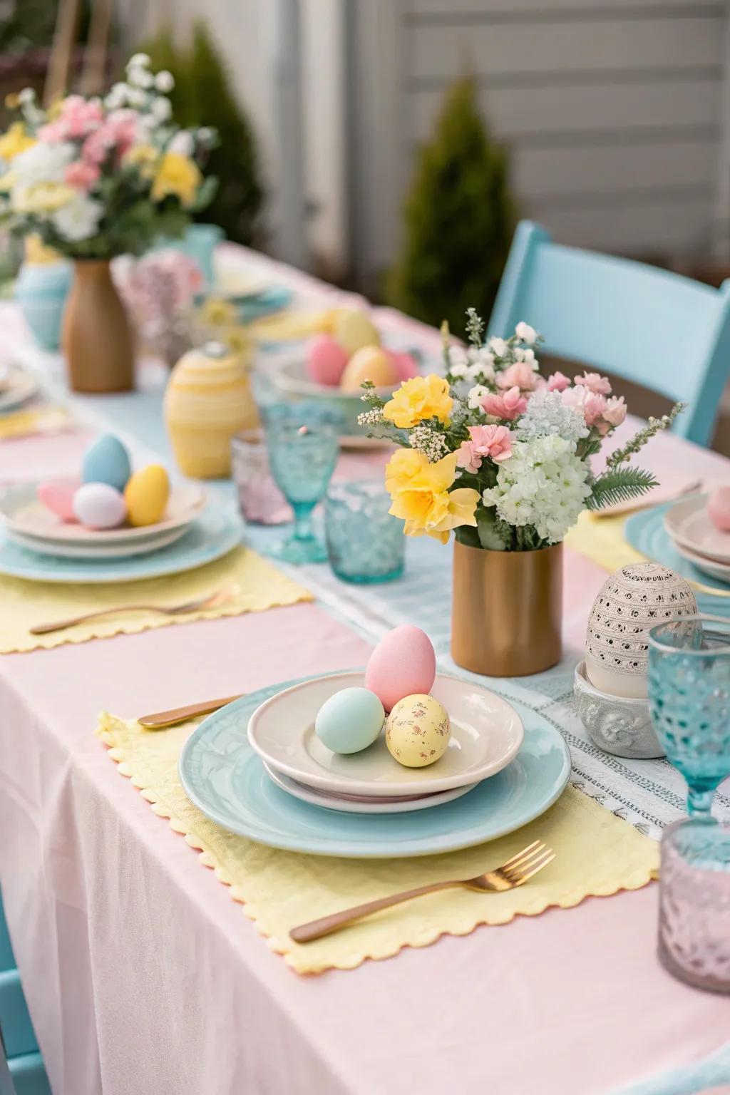 Pastel linens create a gentle, inviting atmosphere.