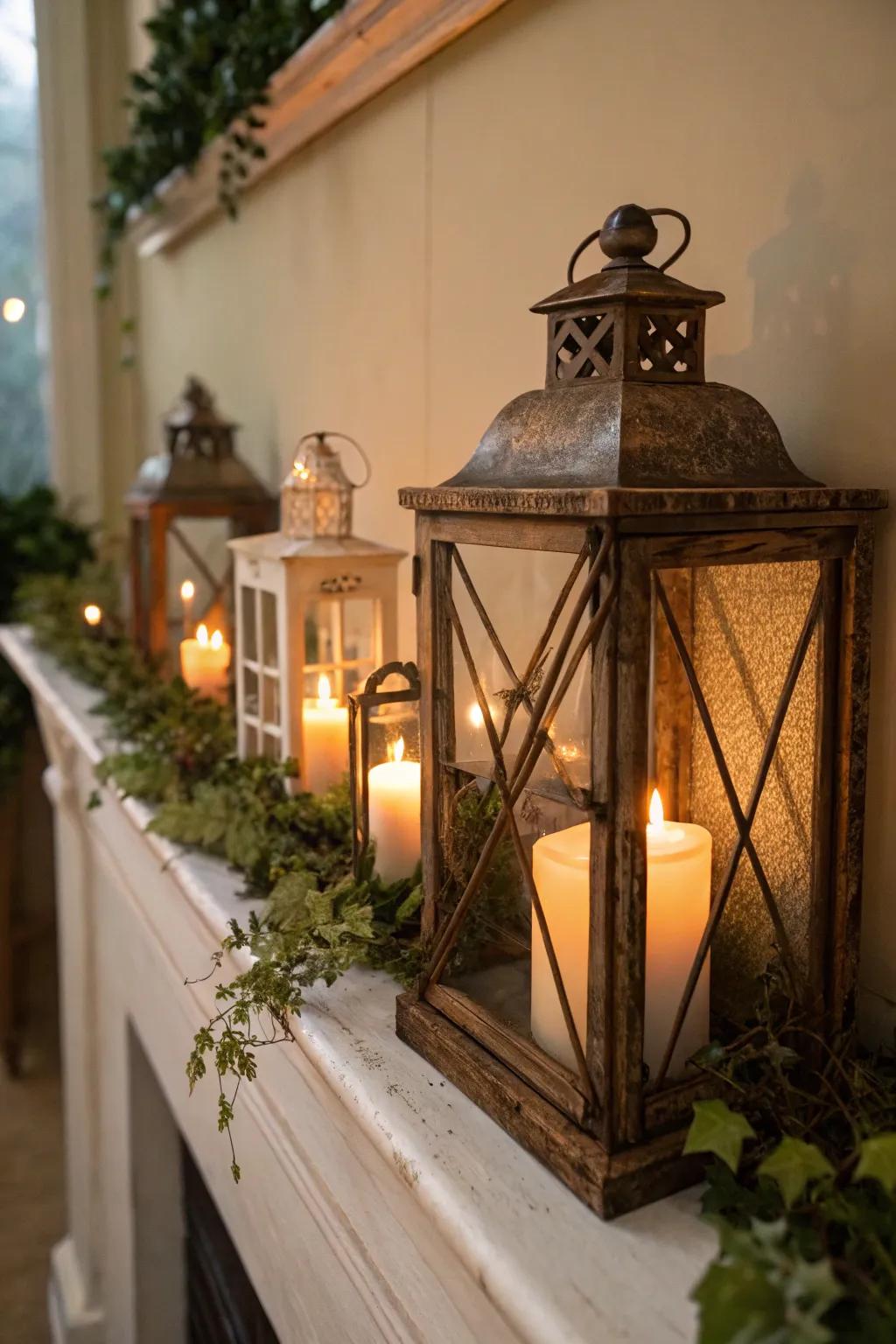 Country-style beacons spreading a comforting glow on the autumn mantel.