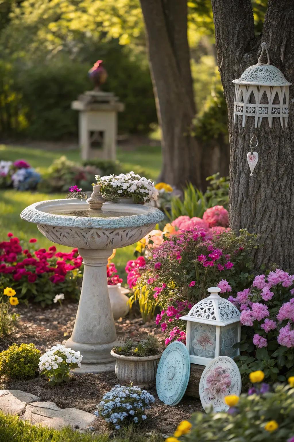 Garden accents adding charm to a lively flower garden.