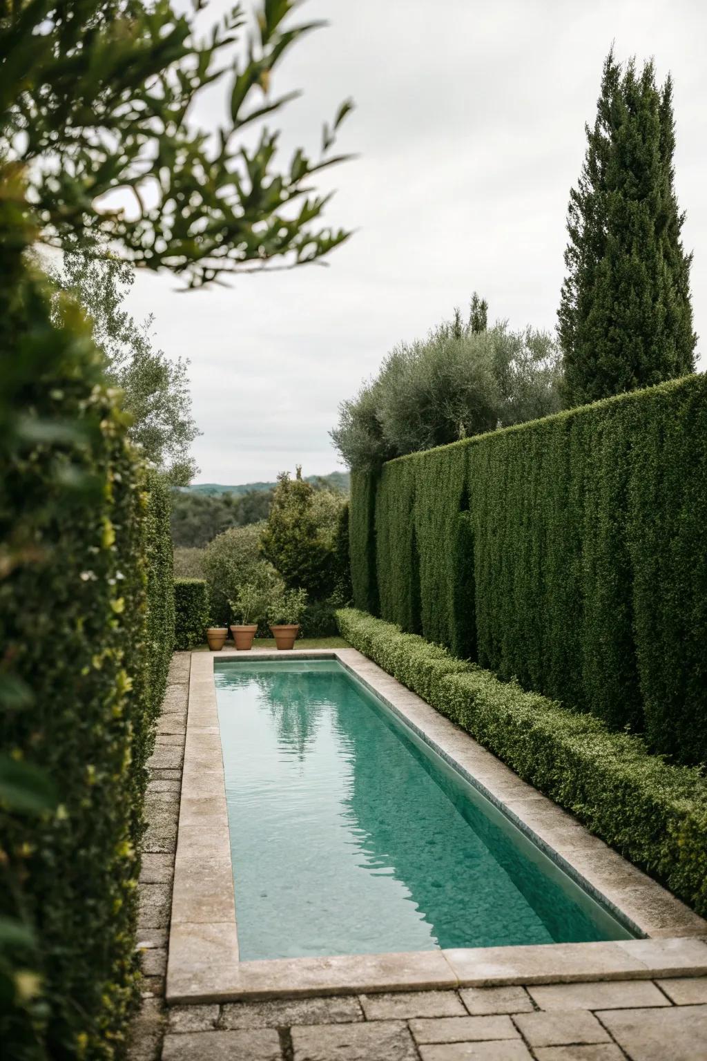 Hedges create privacy and a lush, natural setting.