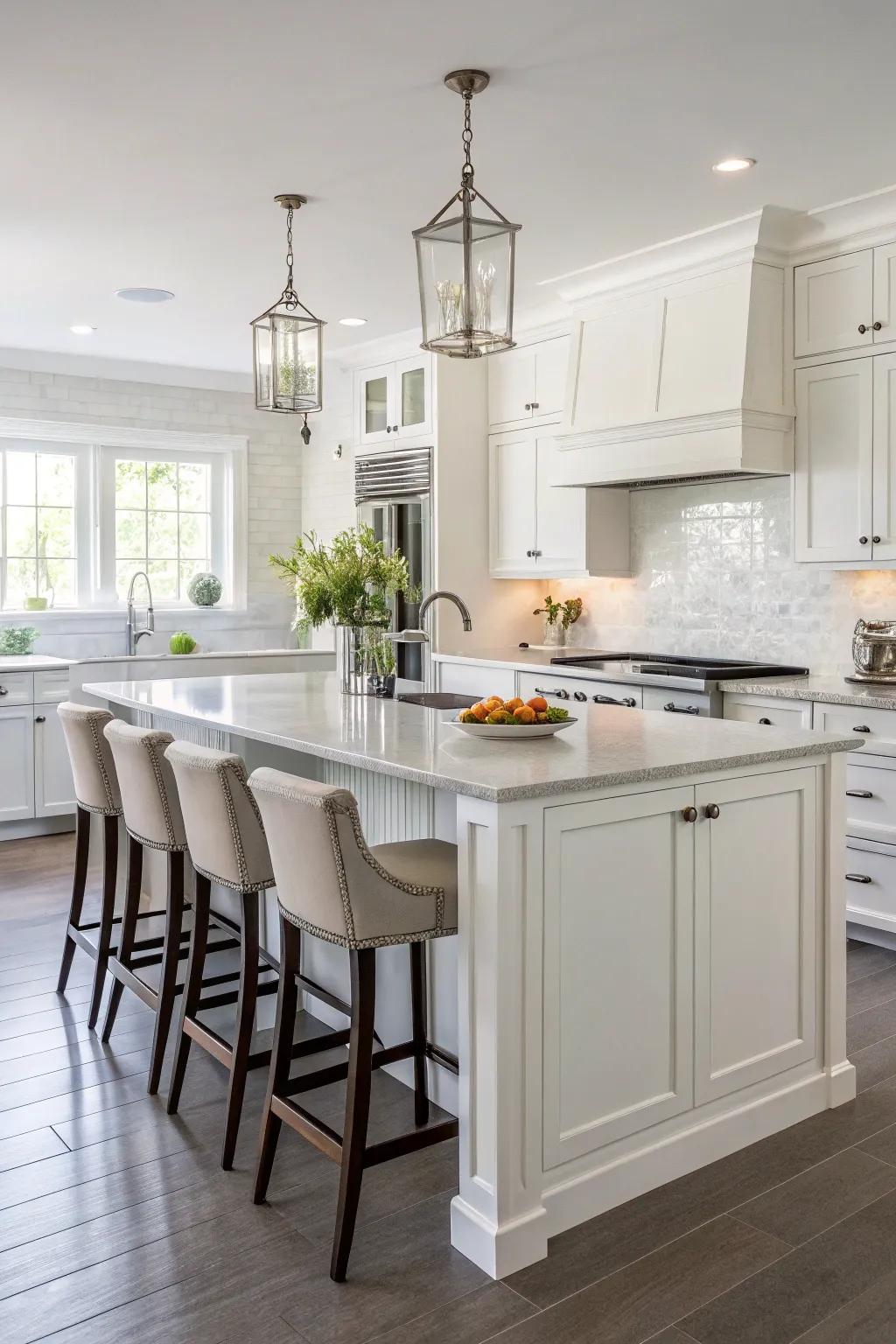A pristine central island provides a space for casual dining.