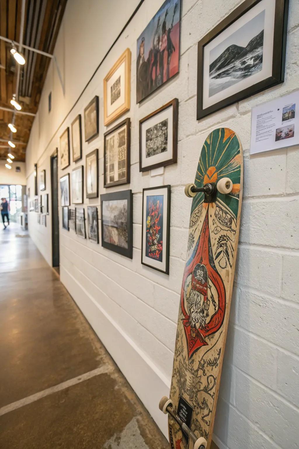 Design a dynamic gallery wall featuring skateboard design.
