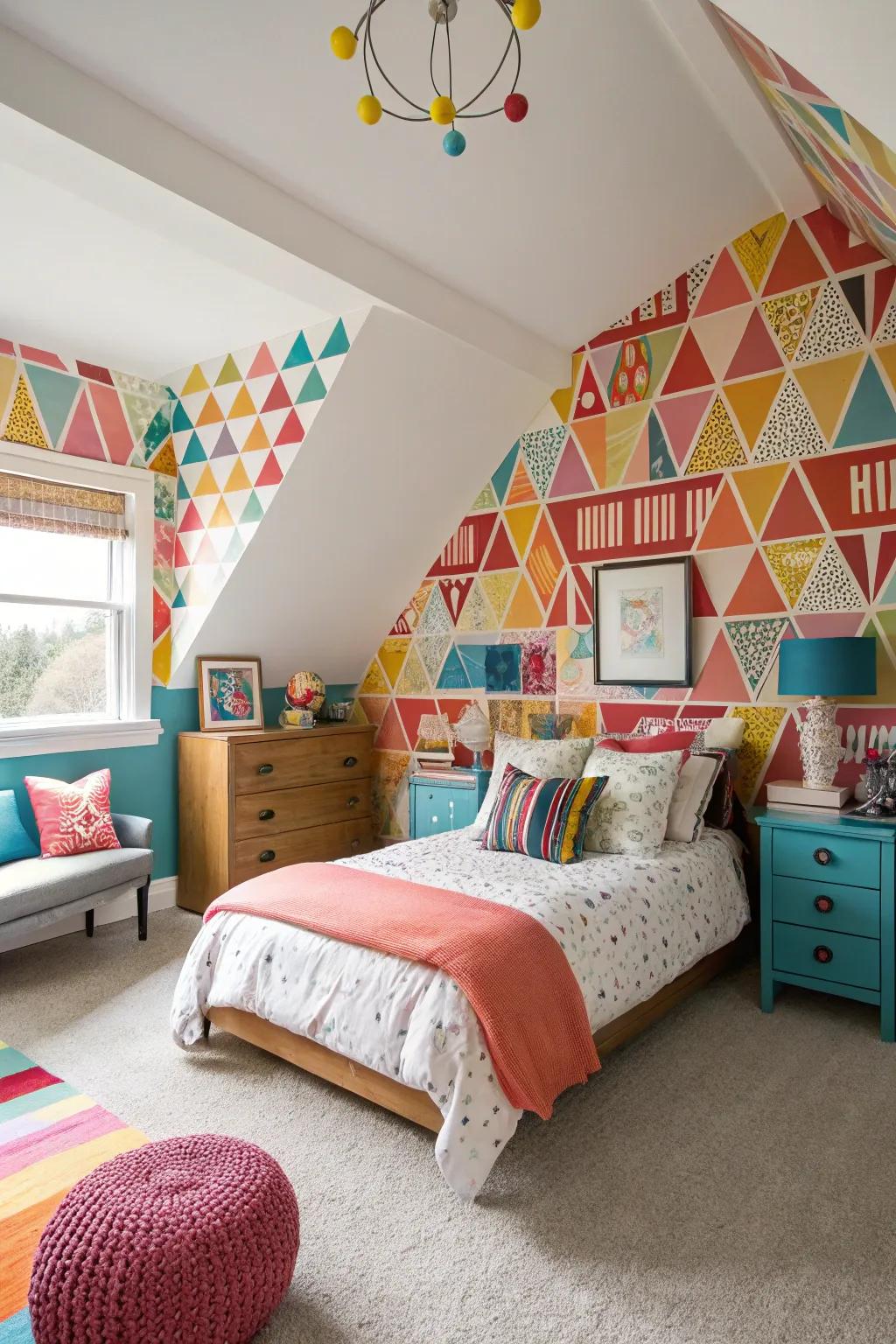 Bold patterns on the ceiling add a touch of whimsy and fun in this vibrant bedroom.