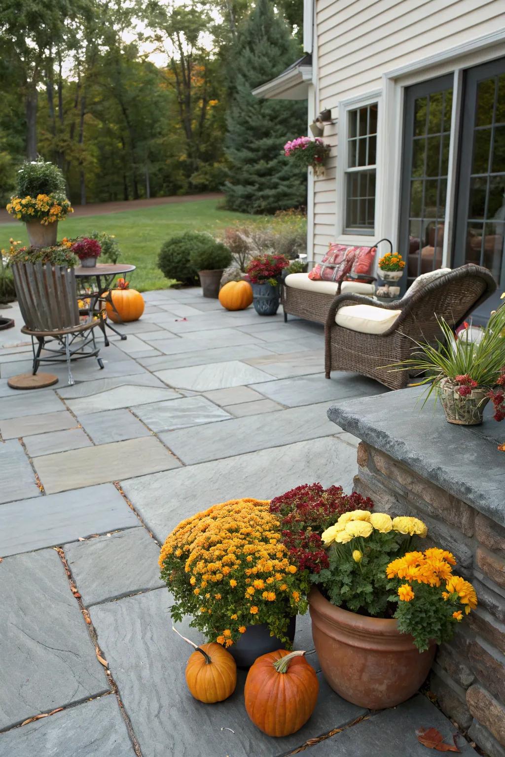 A slate patio adorned with captivating periodic ornamentation.