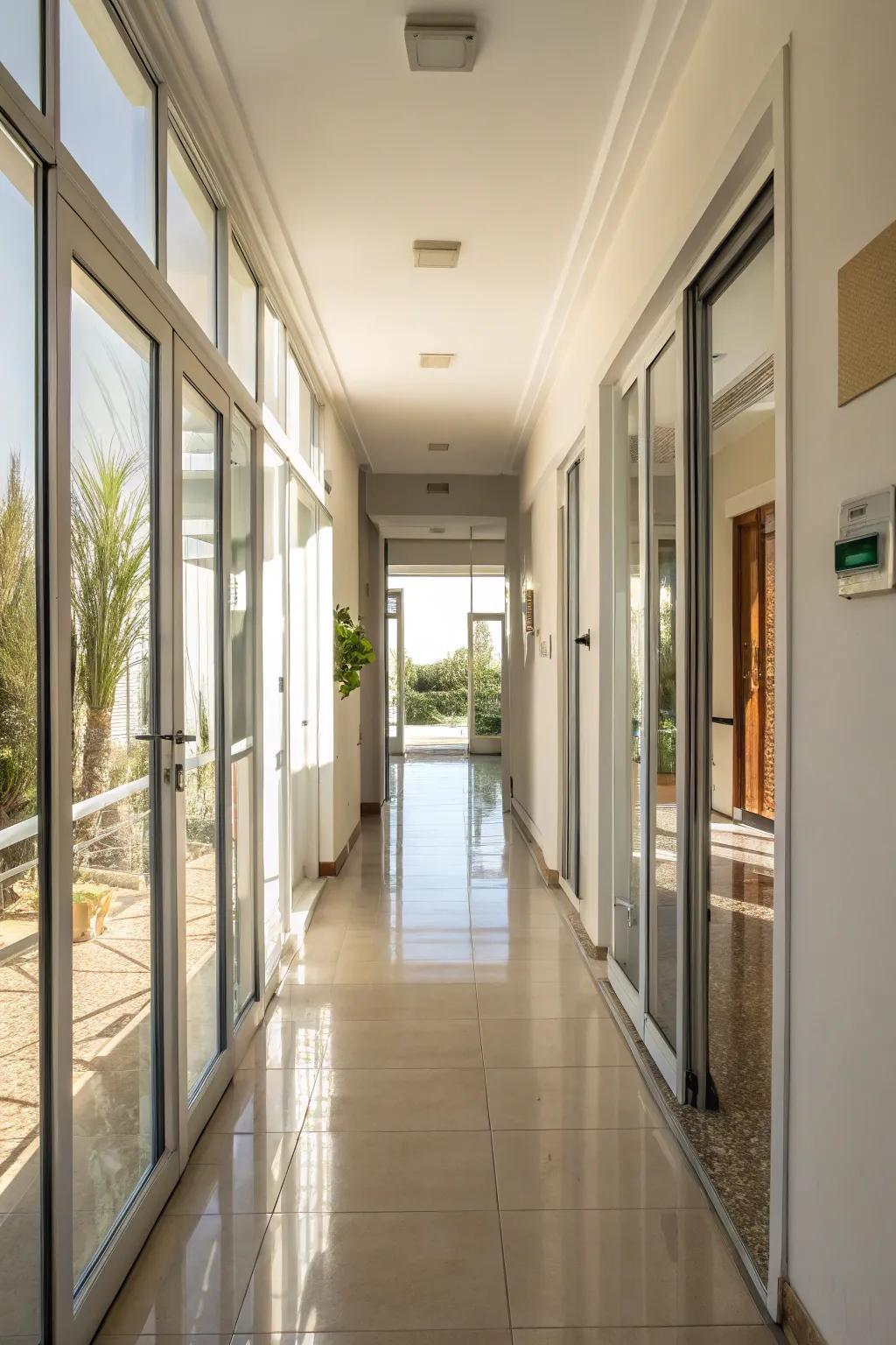 Glass sliding doors enhance the airy hallway with natural light.