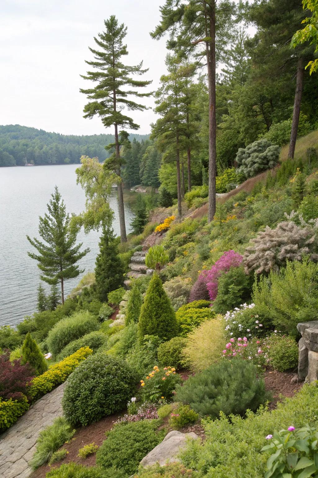 Layers of lush vegetation produce a dynamic lakeside view.