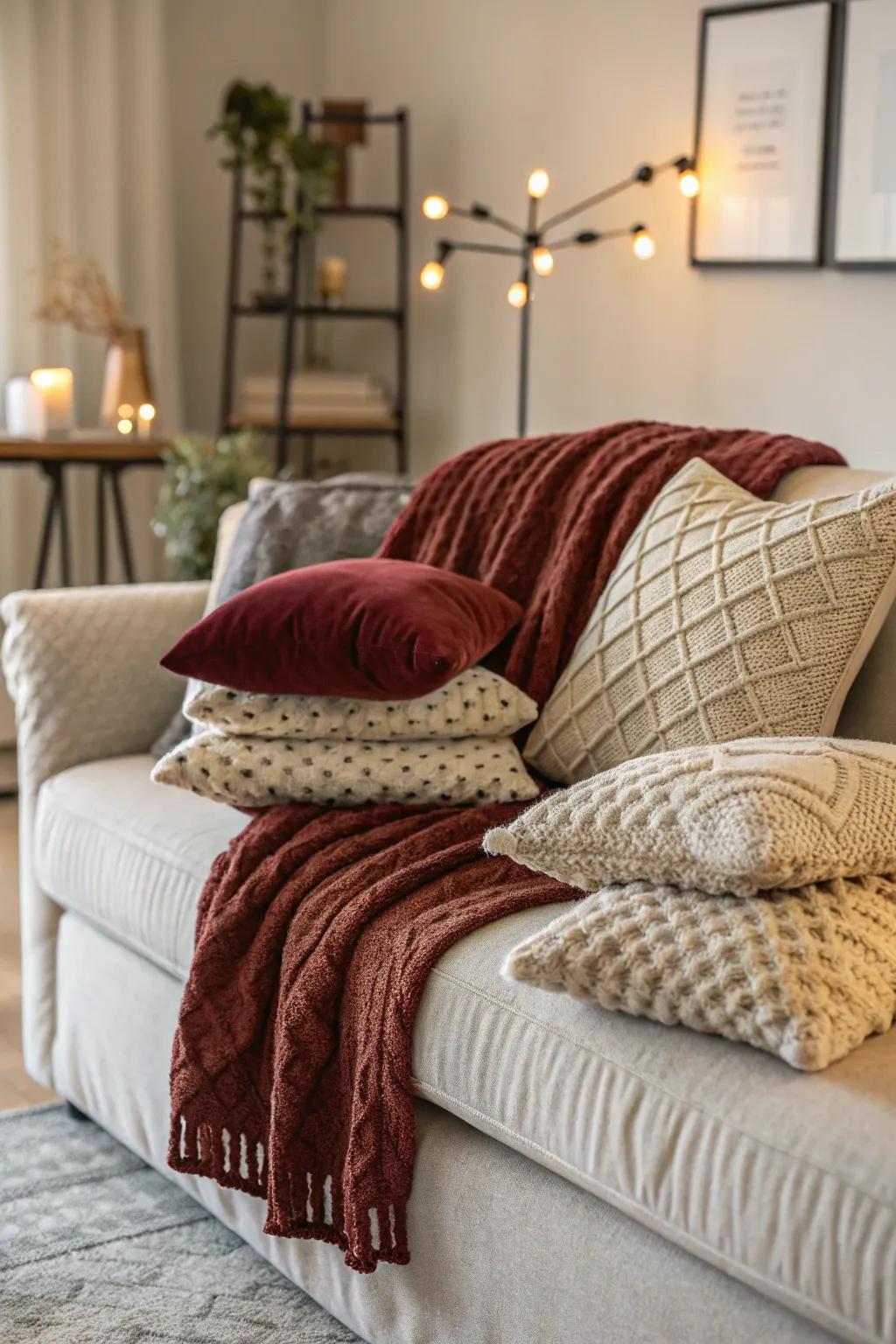 Layered textiles add warmth and texture.