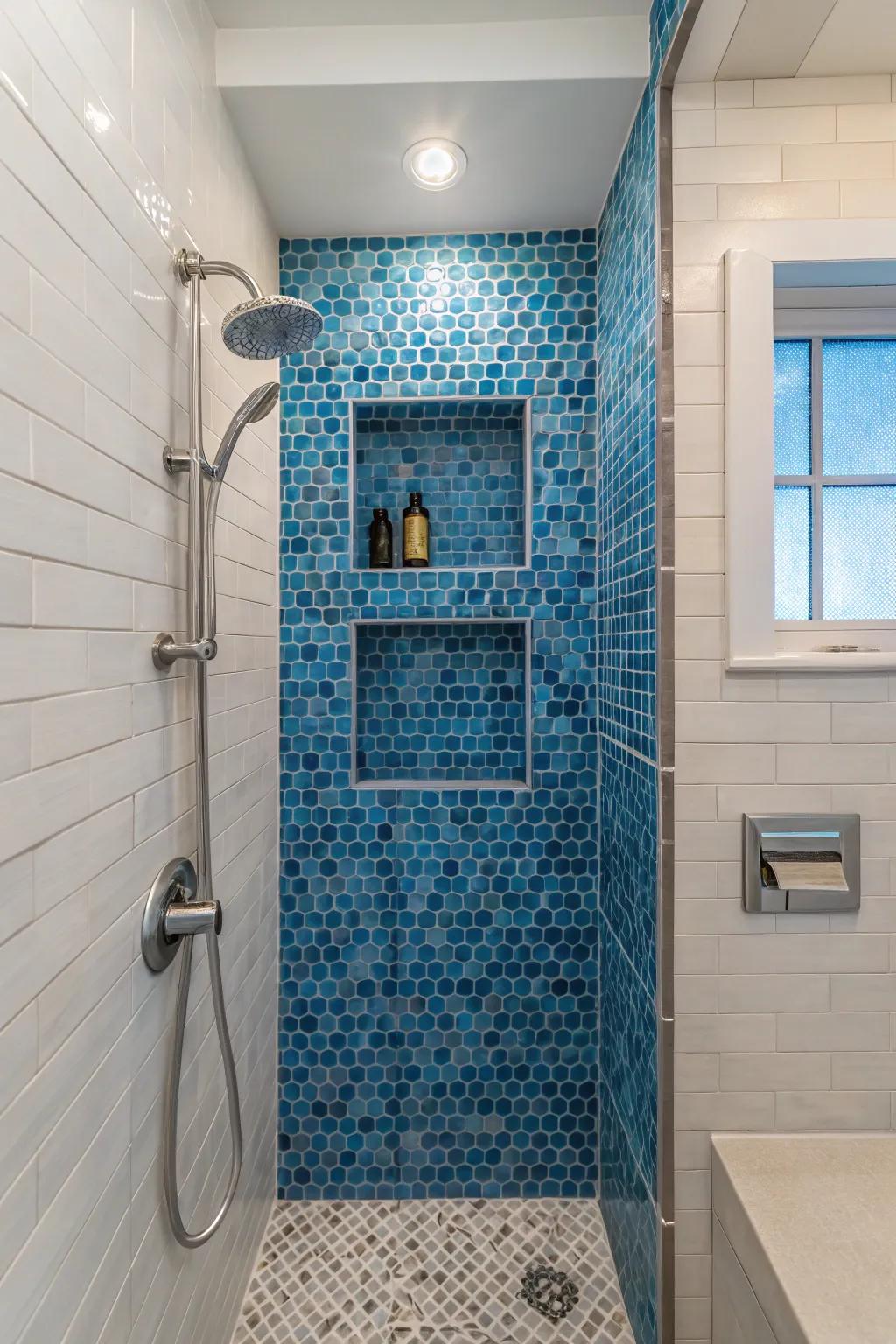 Striking blue surfaces create a stunning focal point in compact bathrooms.