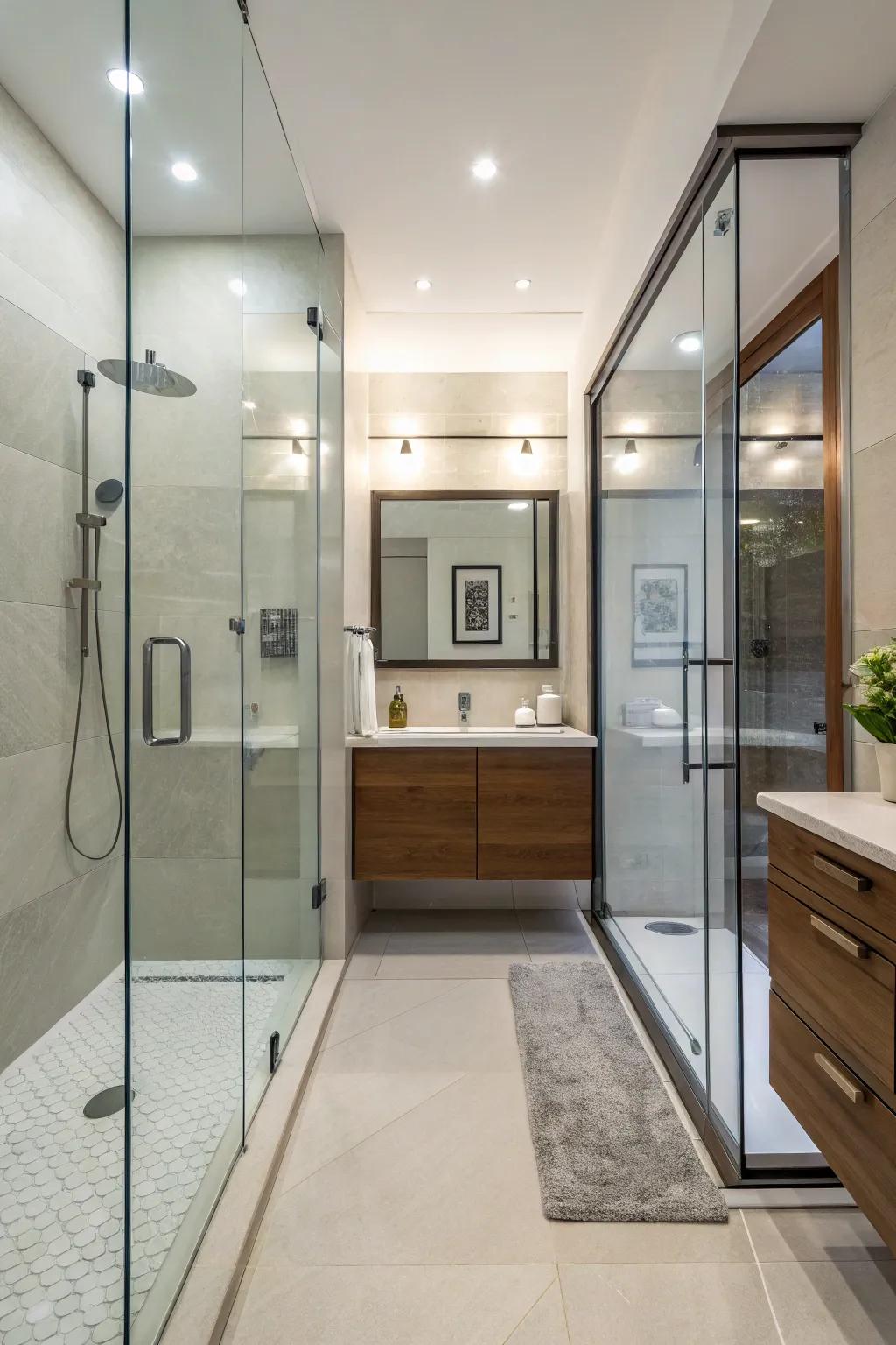 A frameless glass shower panel contributes to the openness of a compact bathroom.