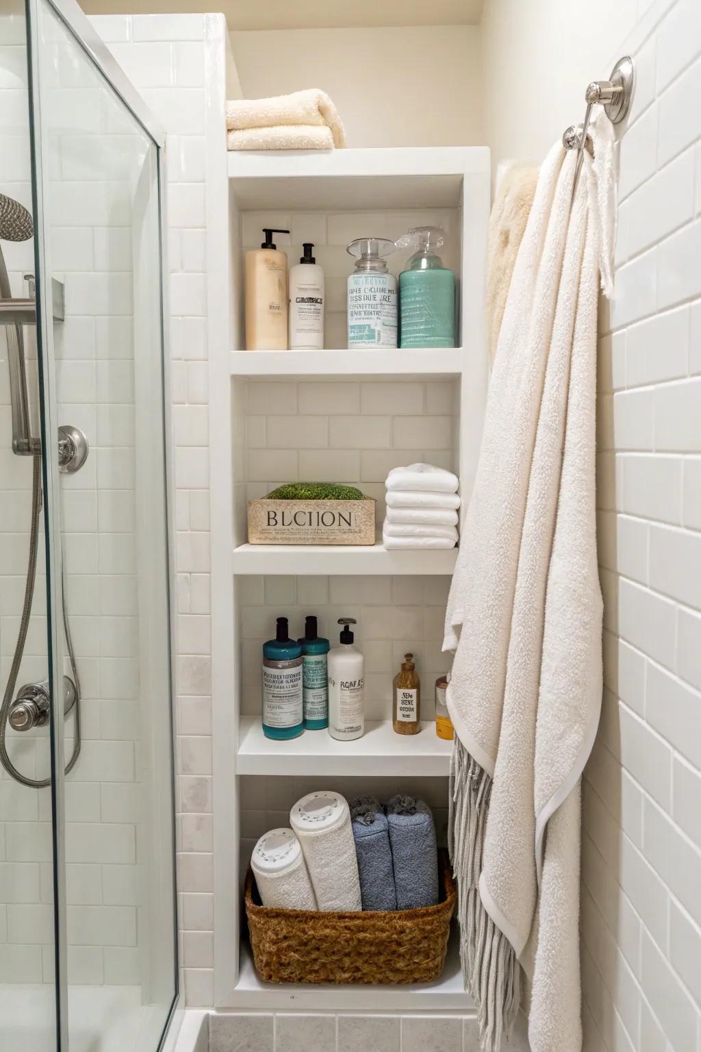 Integrated storage keeps your shower basics structured and available.