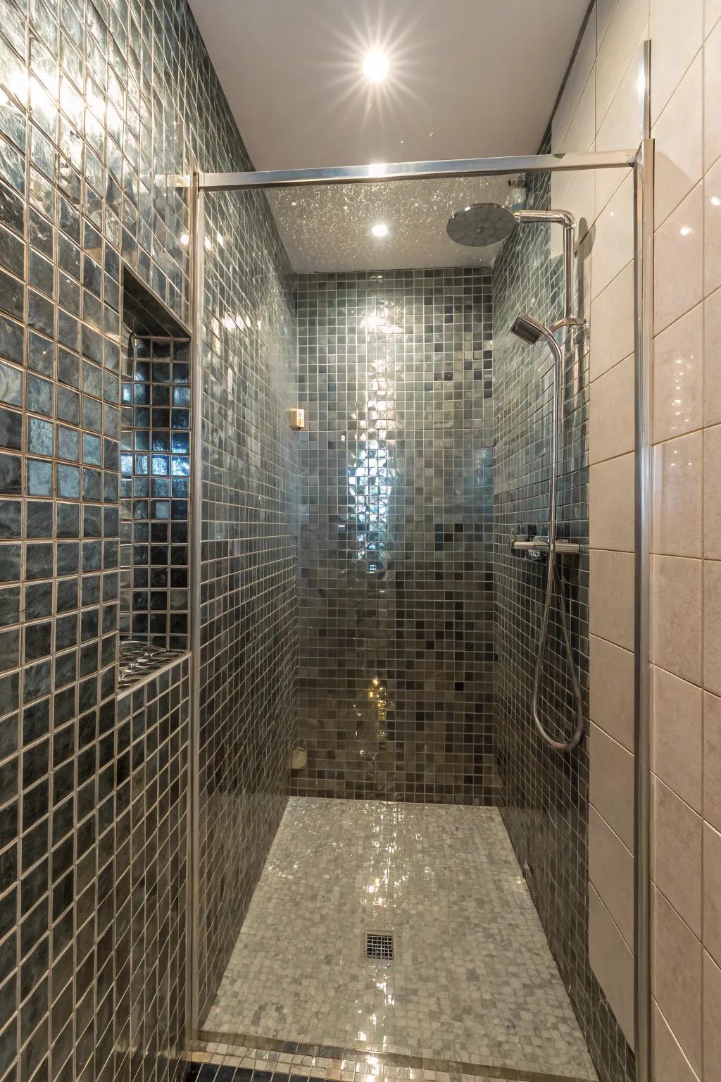 Glass coverings enhance both light and area in small showers.