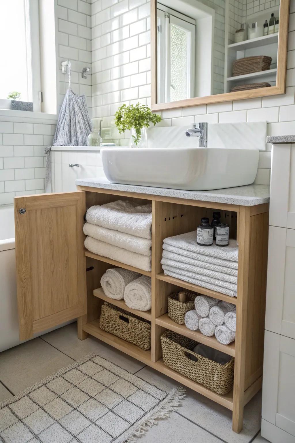 Keep towels stored out of sight with under-sink cabinets.