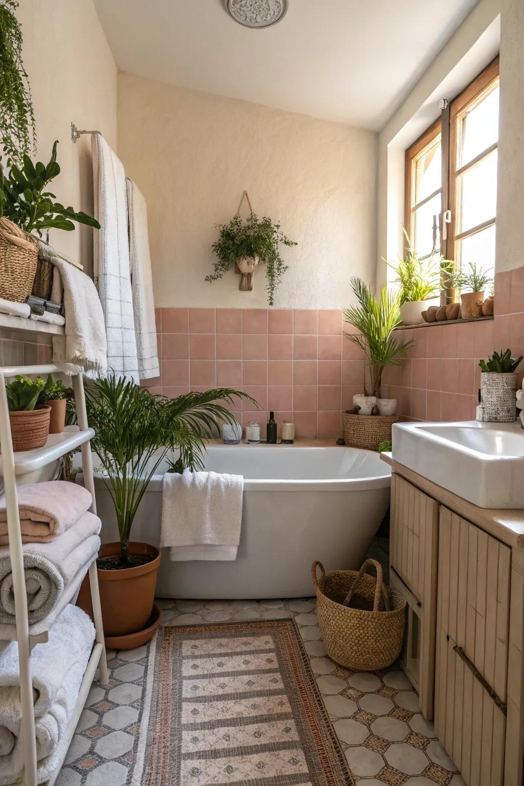 Bright lighting enhances the atmosphere of a small bathroom.