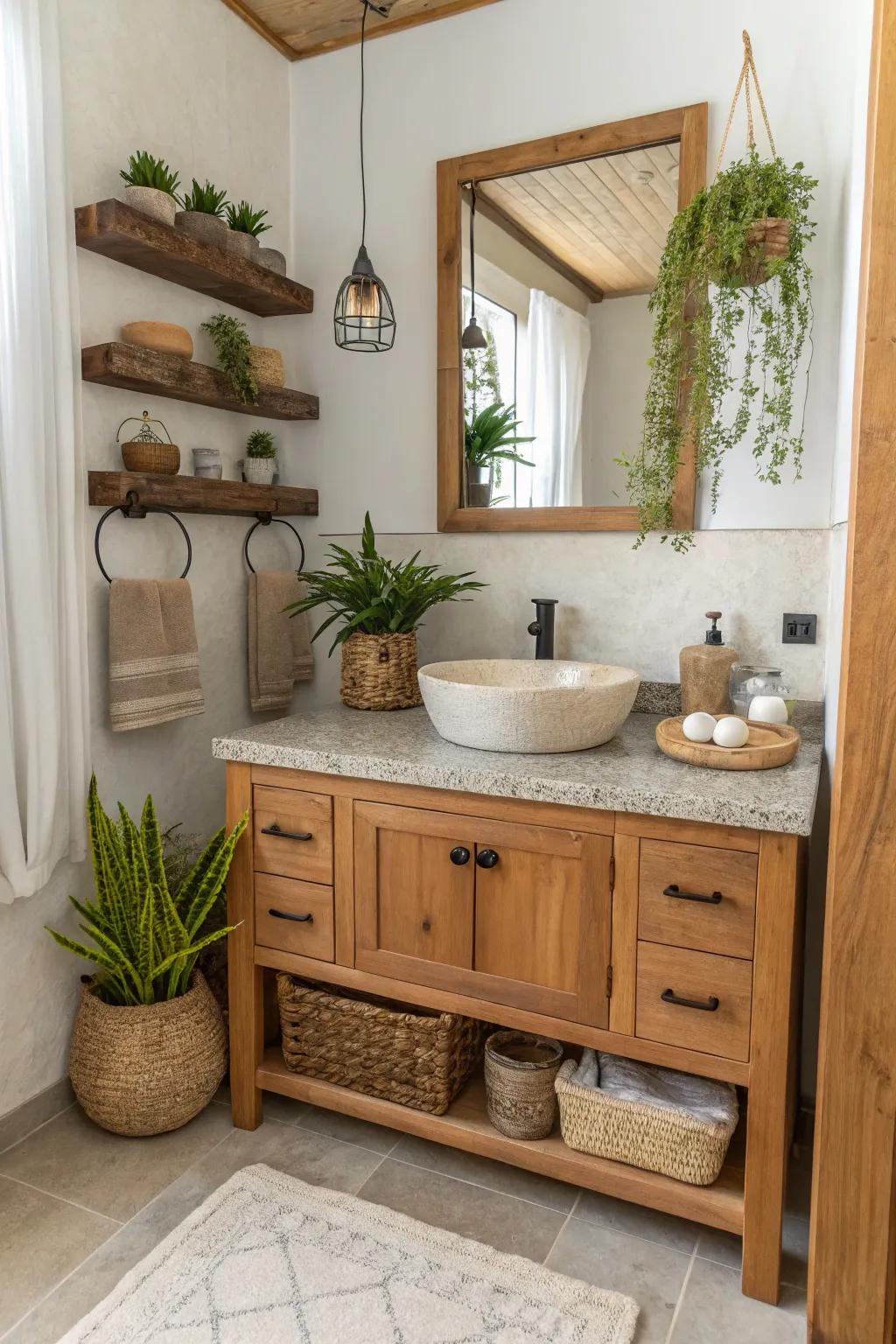 A wood organizer that brings warmth and texture into a small bathroom.
