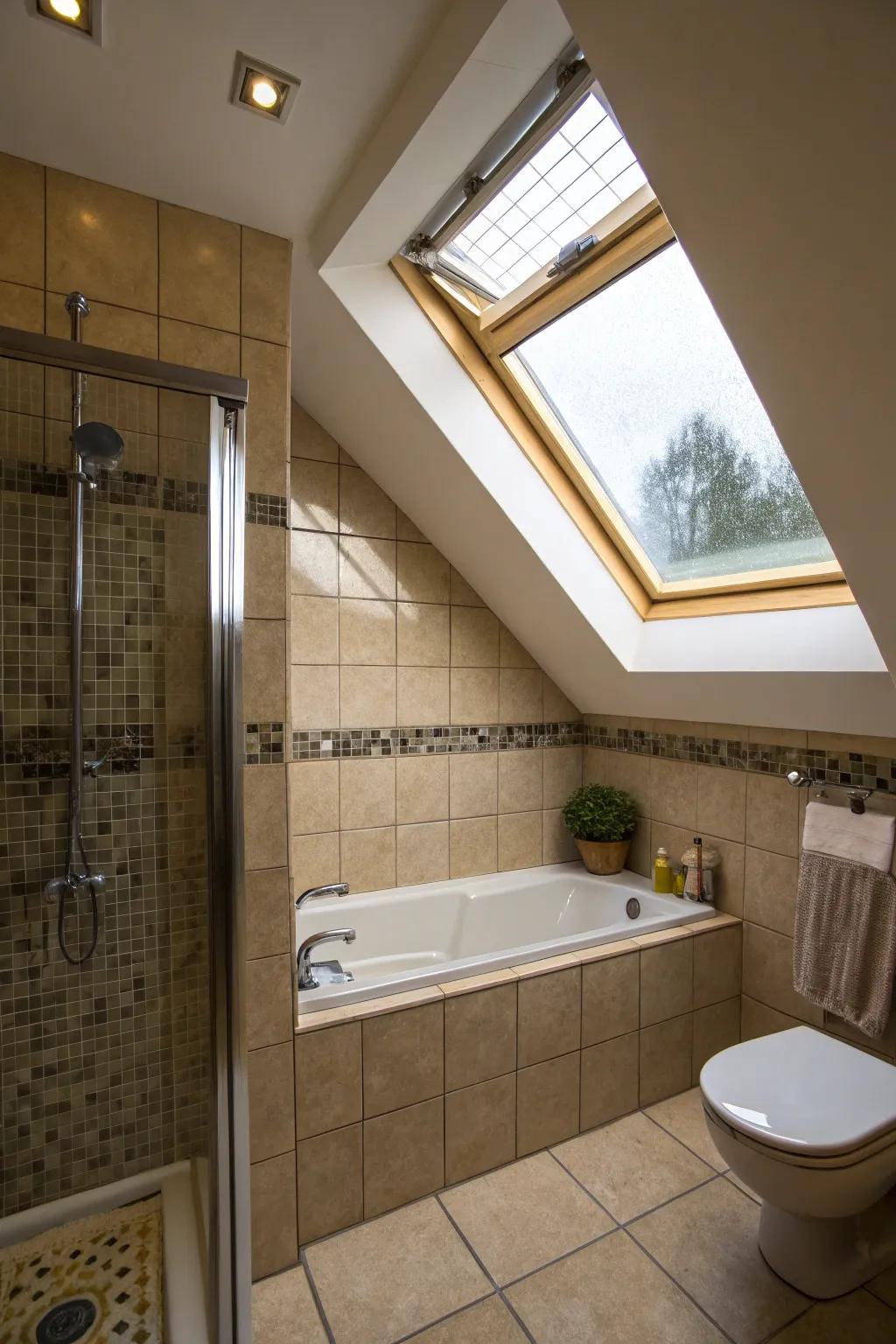 A skylight brings natural light, completely transforming the bathroom’s feel.