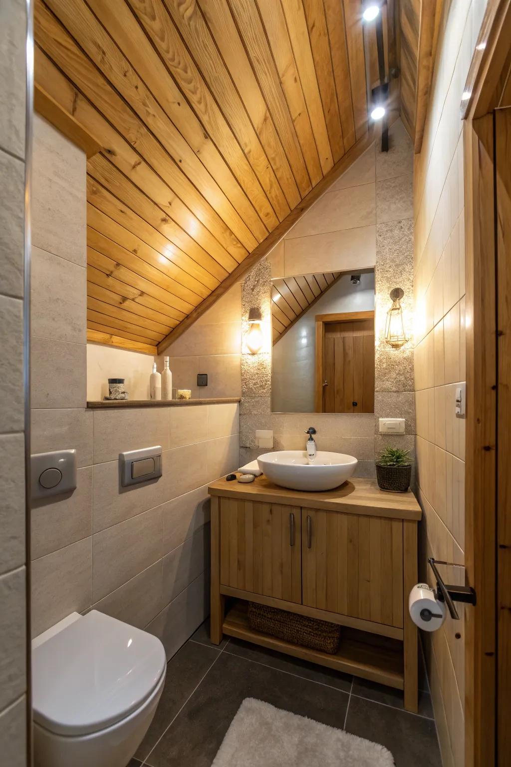 Integrated lighting spotlights the beauty of the wood ceiling.
