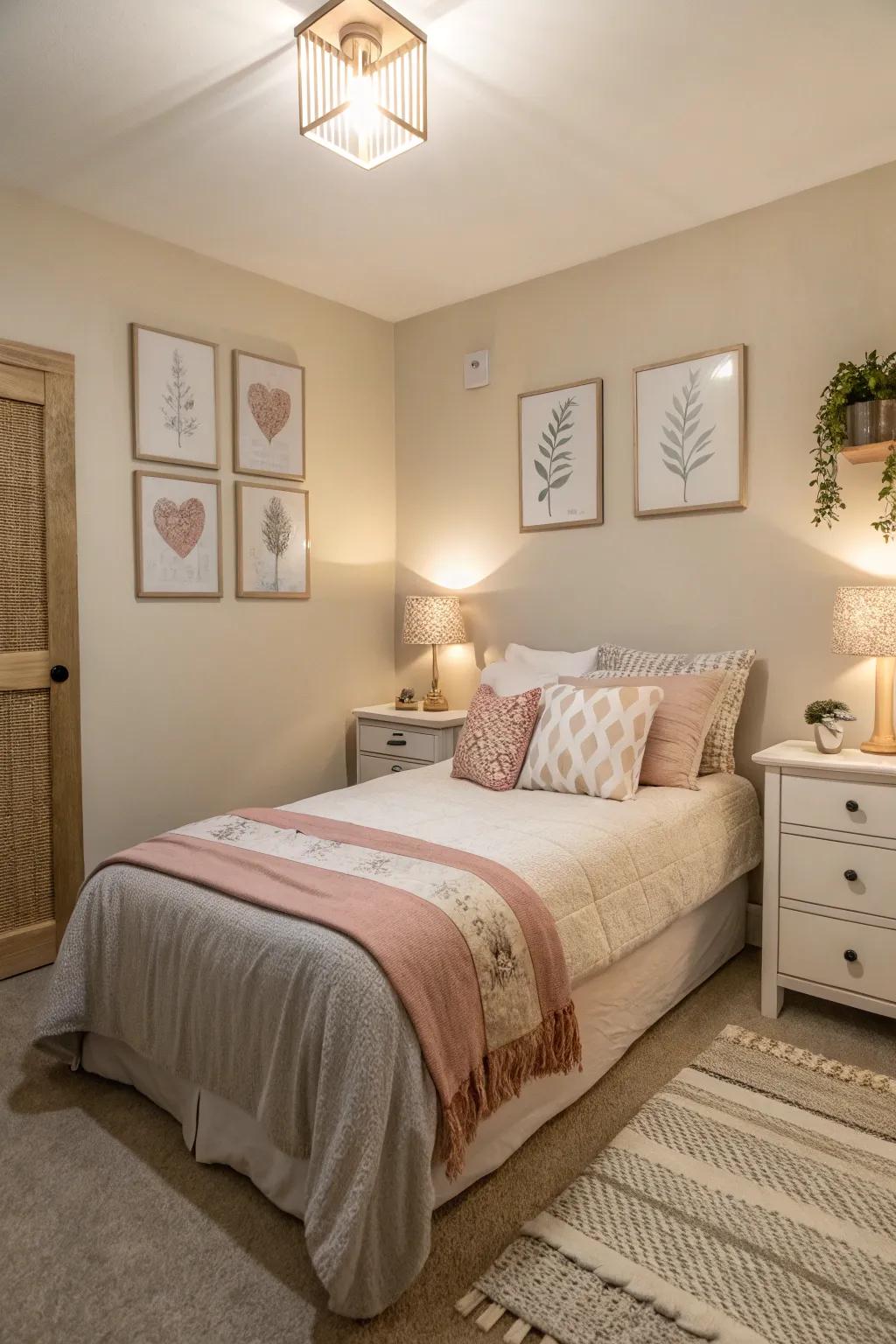 A small bedroom that uses soft, neutral tones to make the space feel bigger.